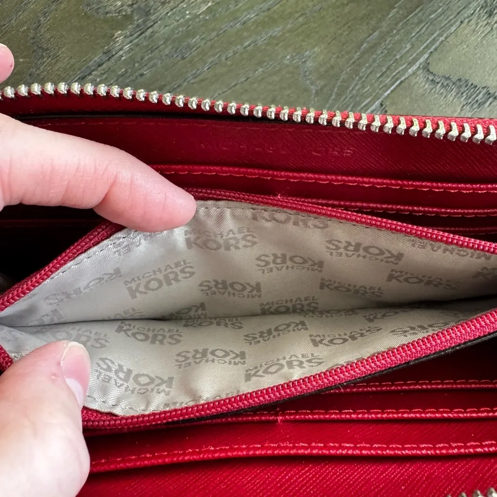 Michael Kors Jet Set Travel Large Saffiano Leather Three Quarter Zip Wallet Red